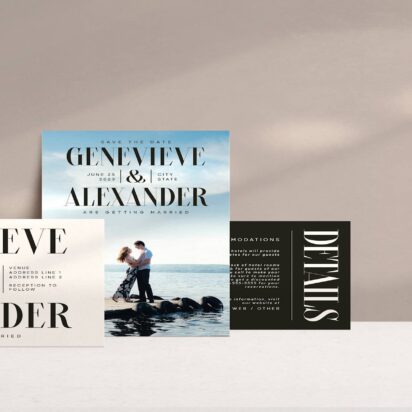 Modern black-and-white wedding invitation suite for Genevieve and Alexander, including save-the-date, RSVP, details, thank you, and main invitation cards.