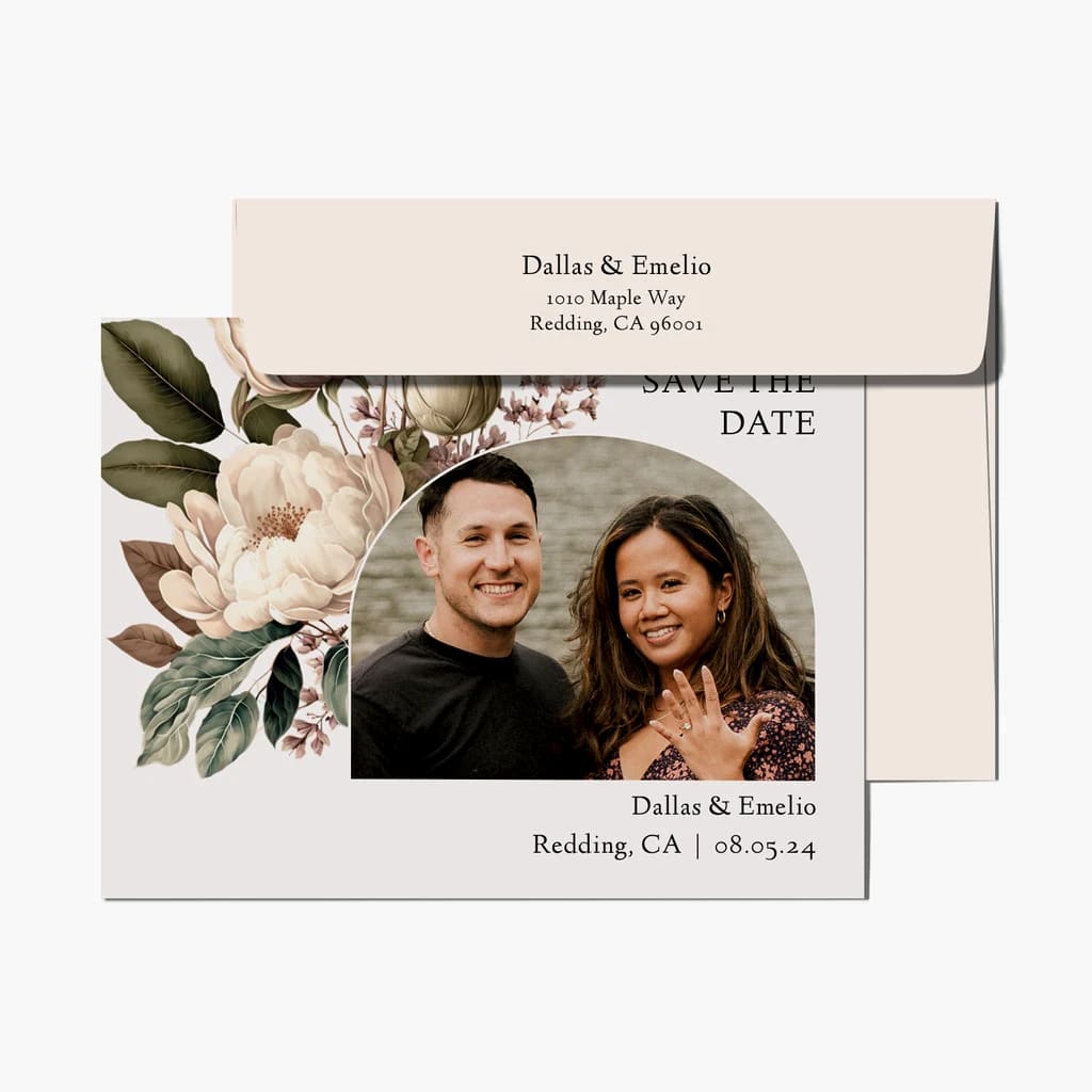 Beautiful photography style save-the-date with floral embellishments
