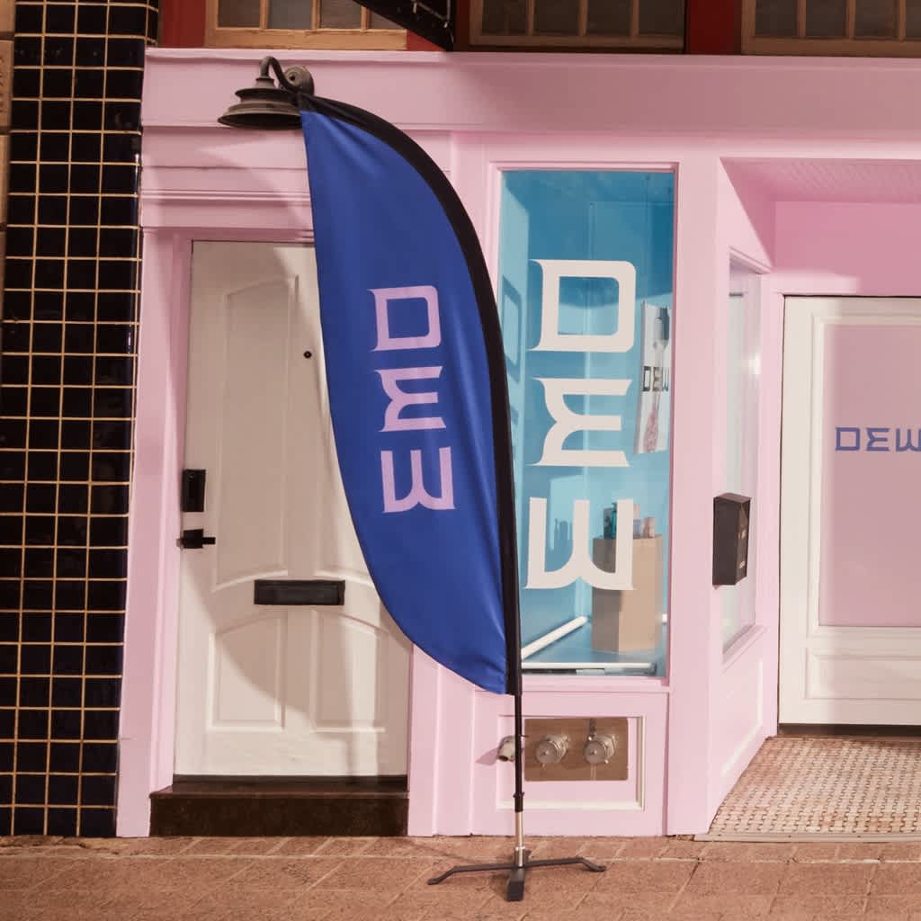 branded flag banner outside a storefront design