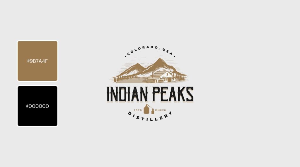 A brown and black logo with an etching-style landscape of estate for an distillery brand