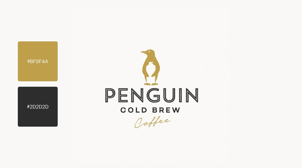A brown and coffee-black logo with a penguin and clever use of white space for a coffee brand