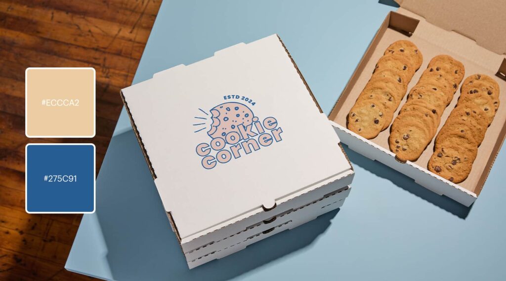 A sand-colored brand for the Cookie Corner is grounded in a familiar shade of muted royal blue.