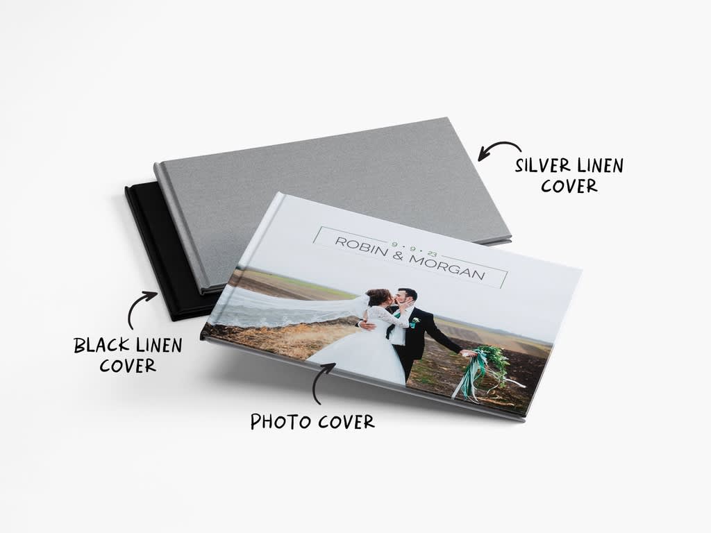 Different cover styles and customization options for a wedding photo book album