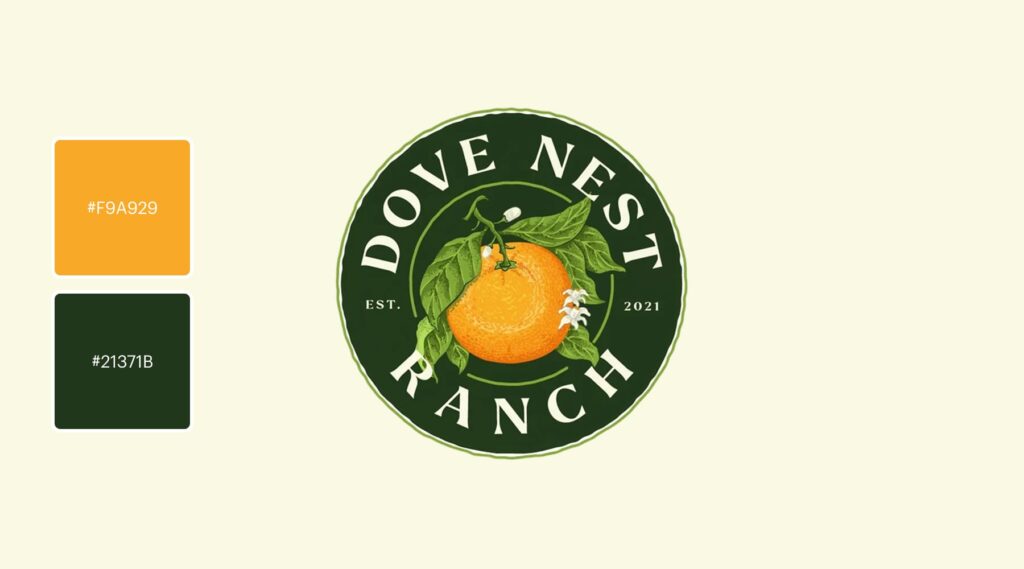 Round logo features a naturalist-style orange fruit and orange blossoms over a deep green background
