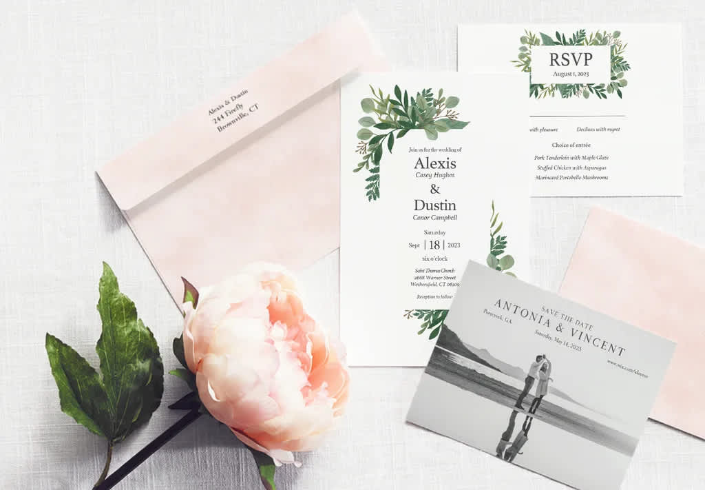 Floral wedding invitation set with blush pink envelopes