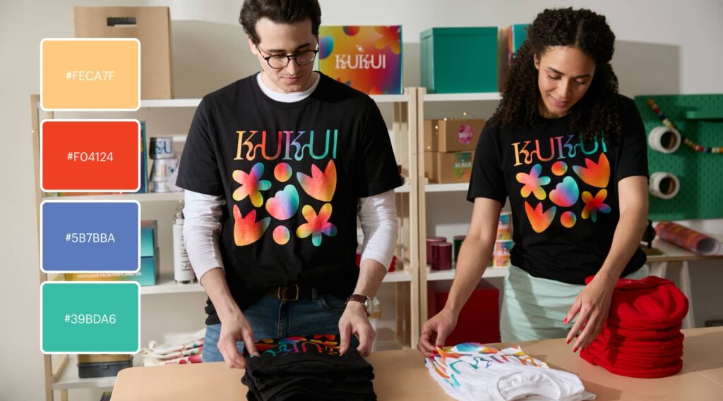 Logo design features the brand name with flowers in a rainbow gradient