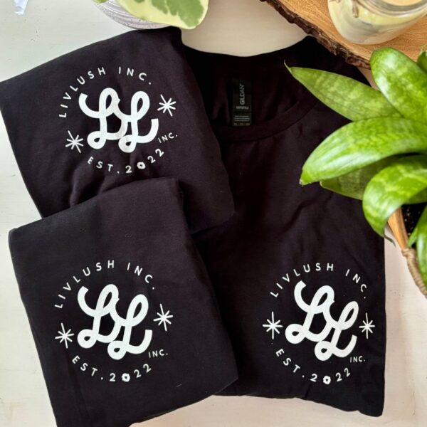 Small business Liv Lush with monogram logo featured on T-shirts