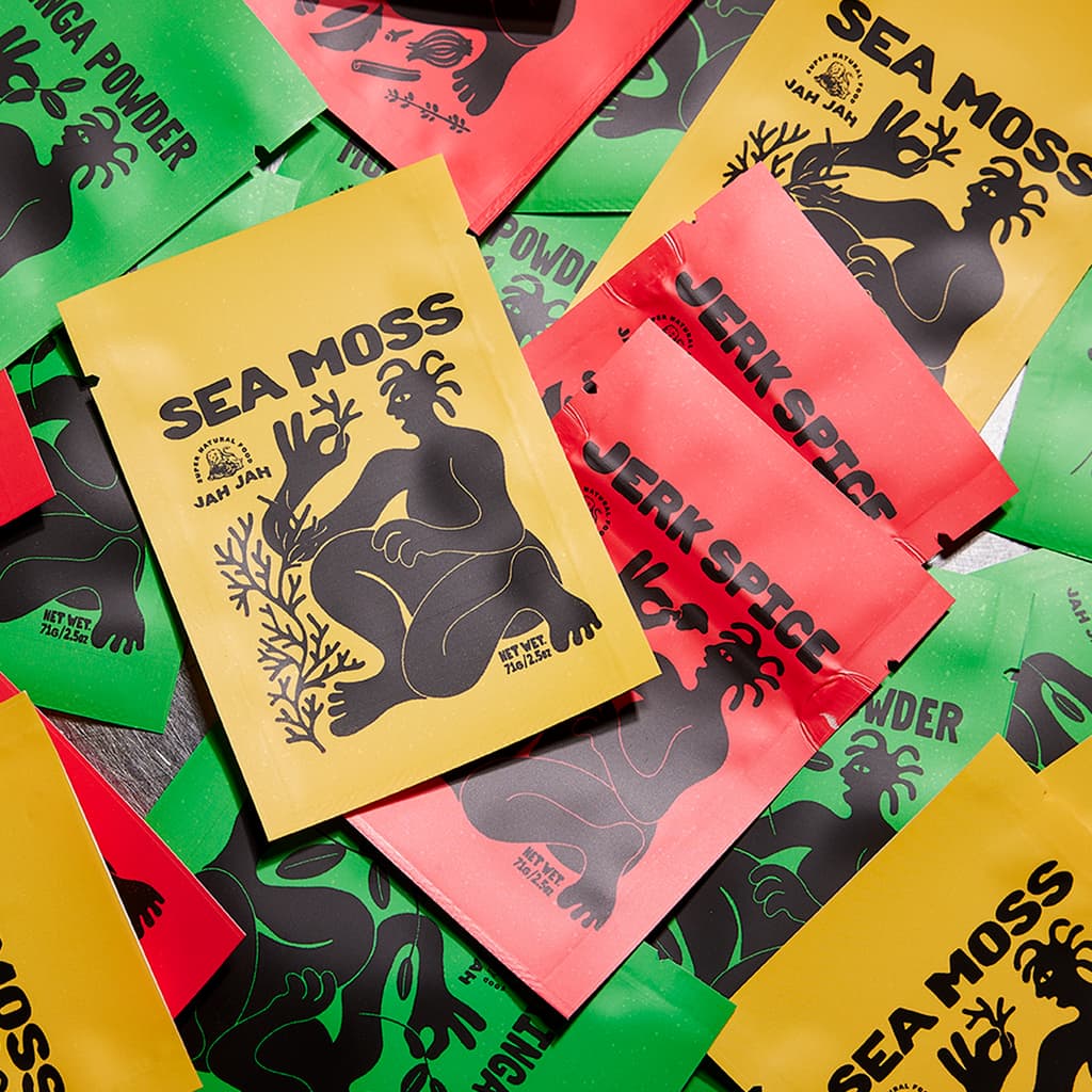 selection of colorful pouch packages with discordant design of a person eating