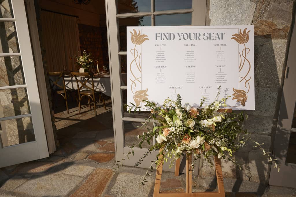 Wedding seating chart on white foam board with botanical illustrations