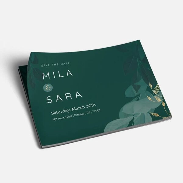 A dark green leafy themed save the date example with the names Mila and Sarah featured, alongside smaller copy sharing the date and contact info
