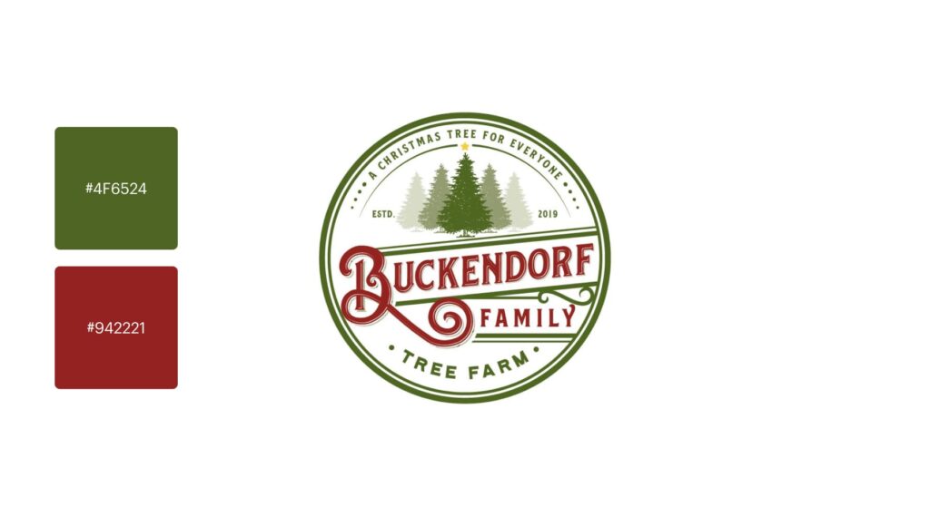 A traditional green and red logo for a Christmas tree farm, featuring pine trees