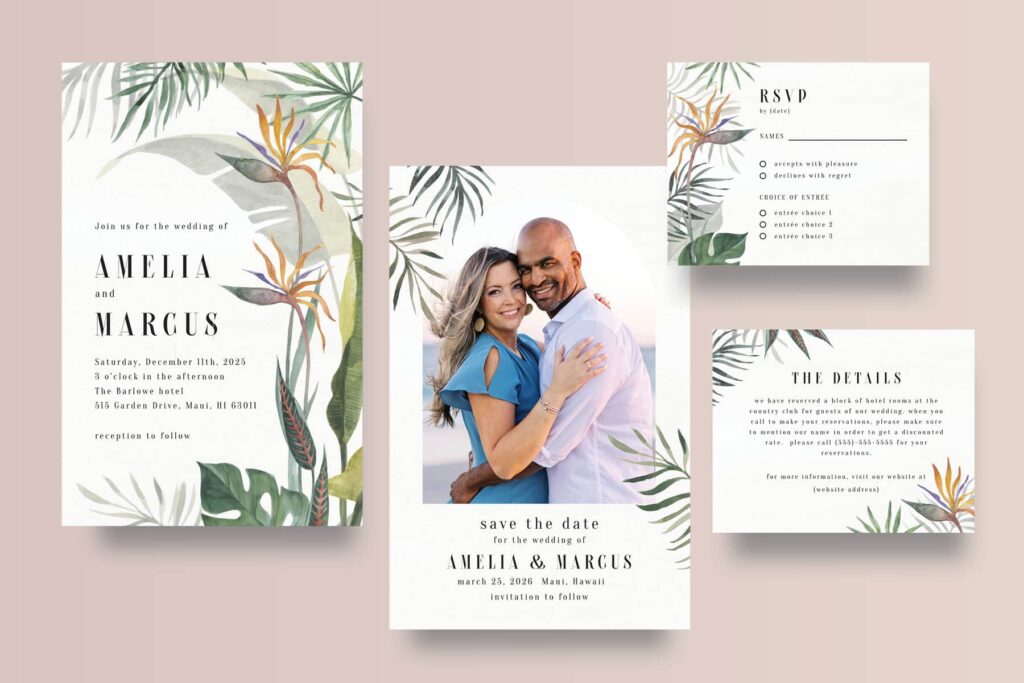 Save the date with photo of couple and wedding invite, RSVP and details card all with same tropical theme