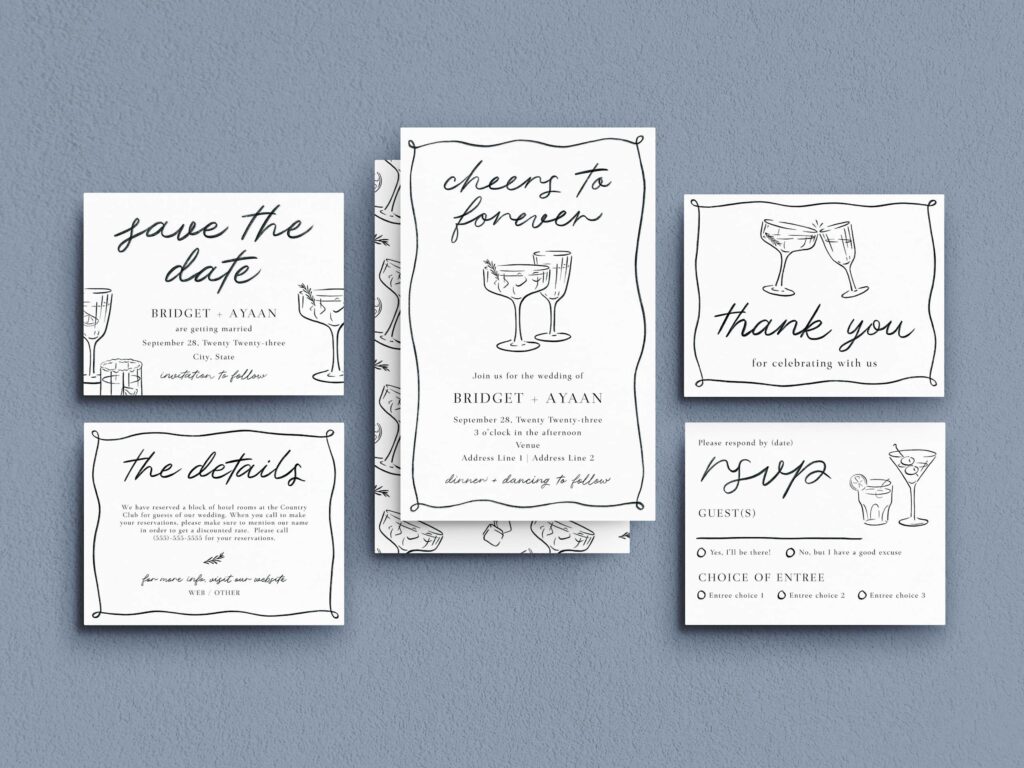 Selection of wedding invite cards with a casual hand-drawn style