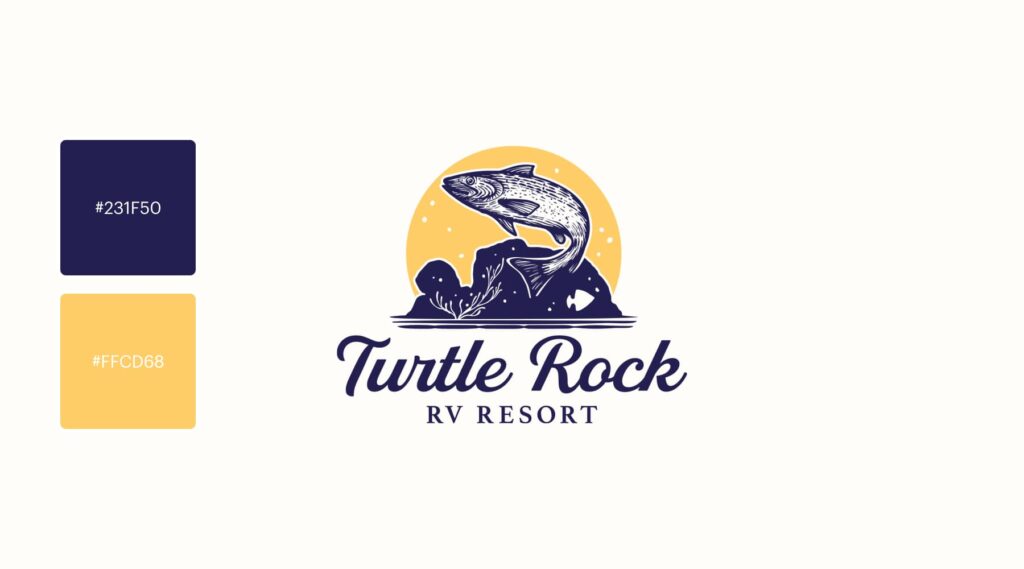 A yellow and blue RV resort logo features a screenprint style trout