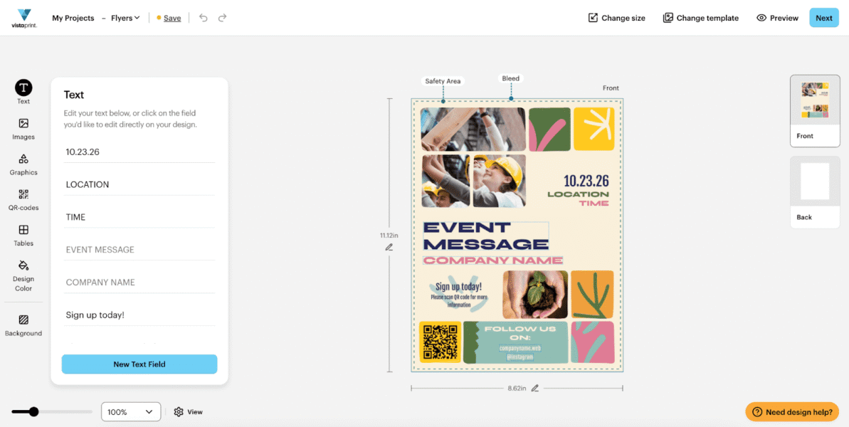 The process of customizing the flyer design in VistaPrint&rsquo;s editor
