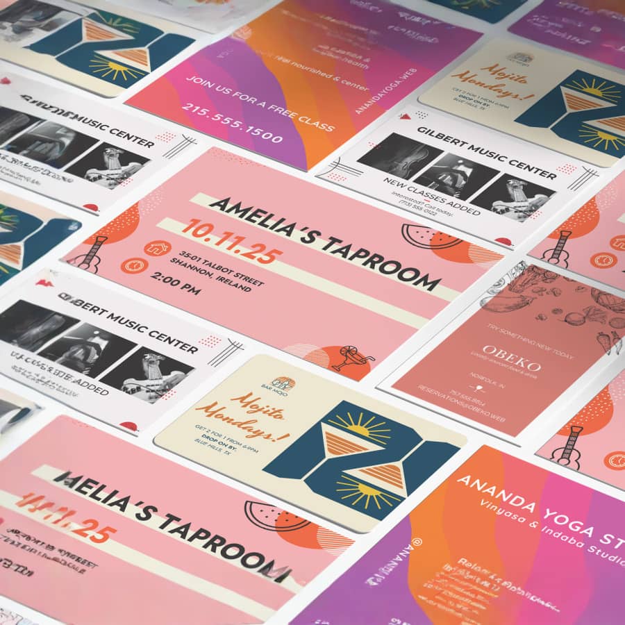 a range of postcard designs for bars and yoga studios in pink tones