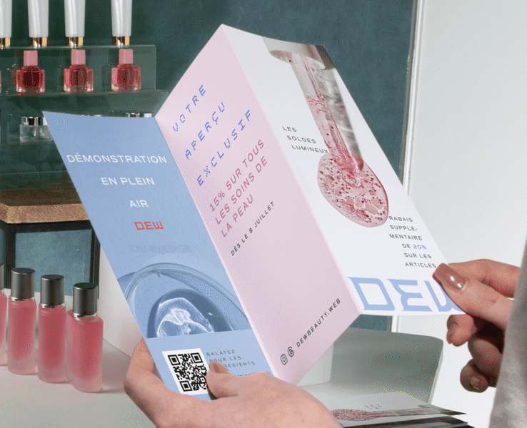 Tri-fold skincare brochure demonstrating visual hierarchy with bold headlines, contrasting colors and clear layout sections