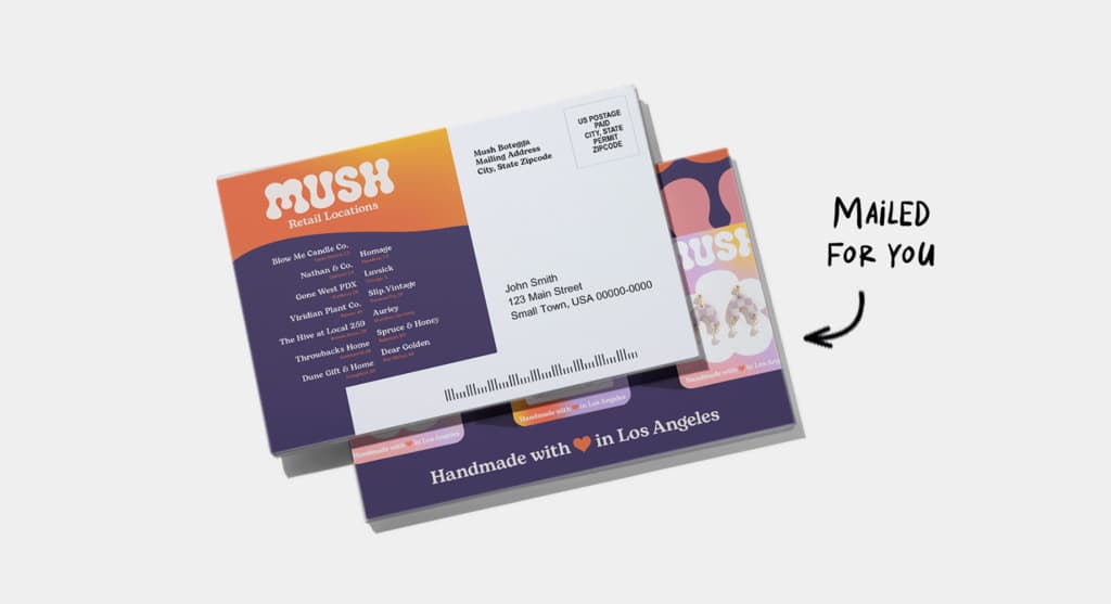 A branded postcard with a bold header font