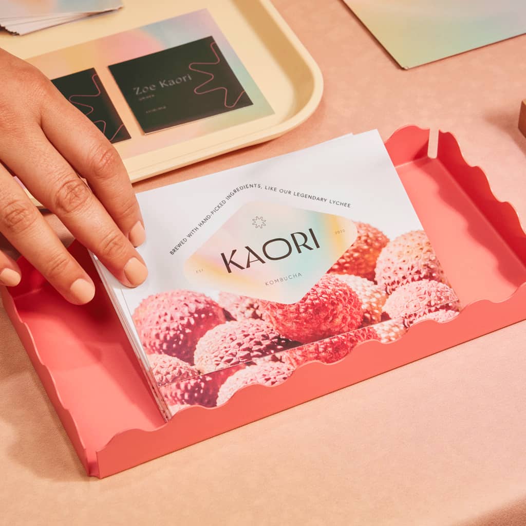 A branded postcard with a bold logo font