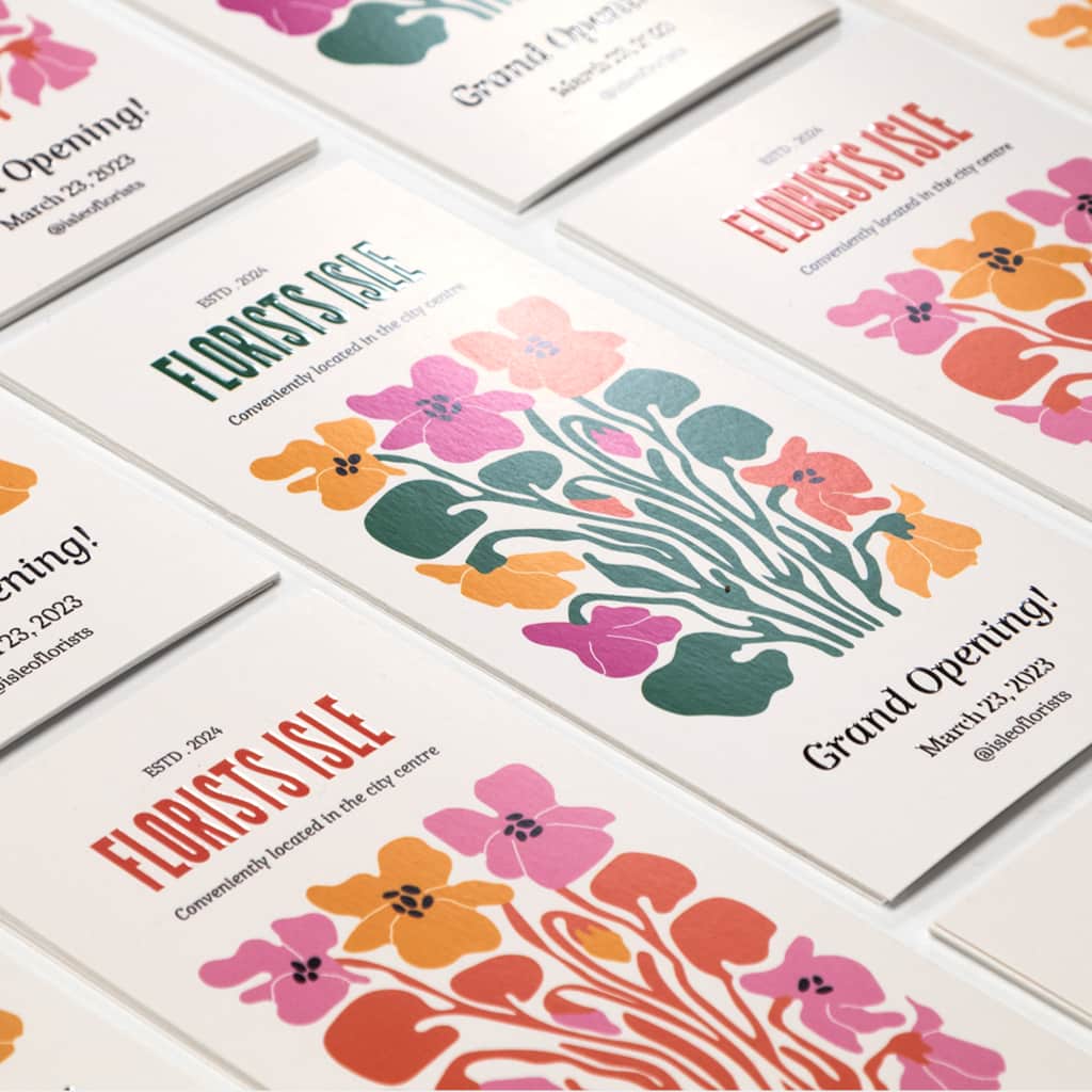 Embossed business brochure for a florist's grand opening event