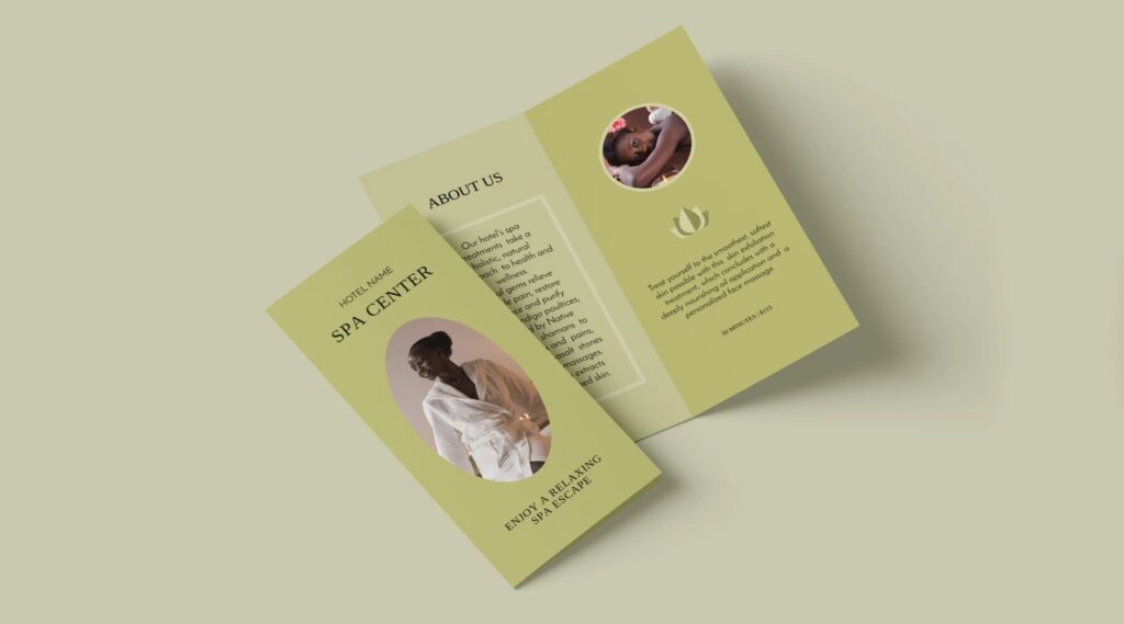 Green spa business bi-fold brochure design with an about us section