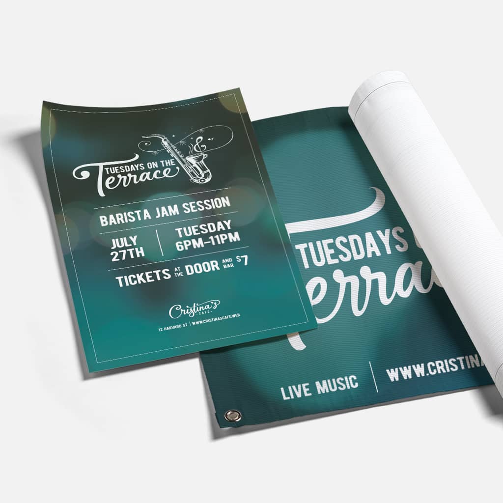 Green and white posters for a cafe