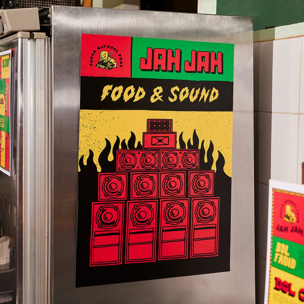 A green, red and black illustrated poster featuring flames and a tower of speakers for a food and music event