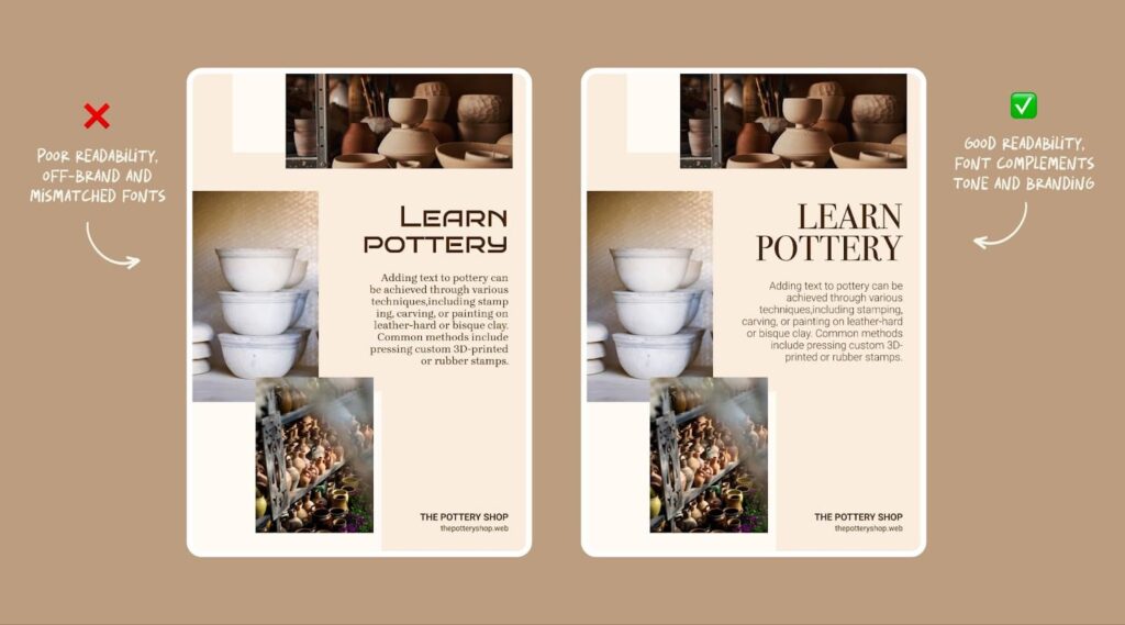 A side-by-side postcard mockup showing strong postcard font versus poor font choice