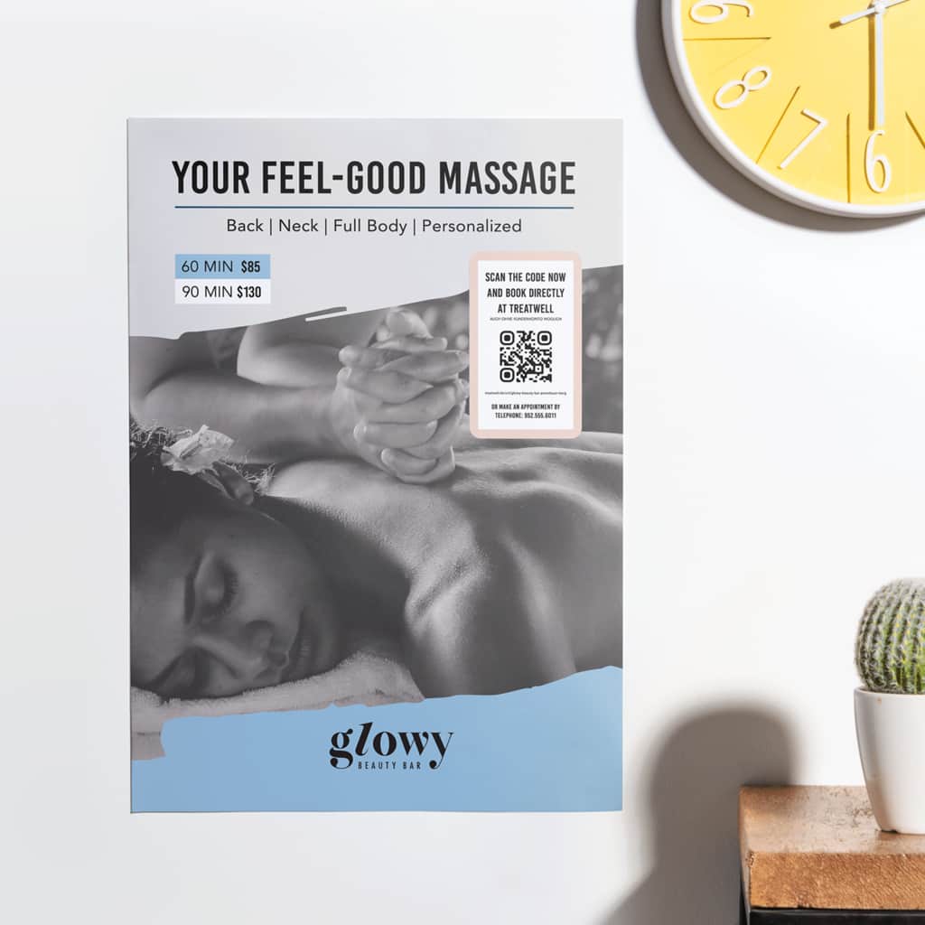 Indoor wall poster at a beauty bar with massage services and a QR code