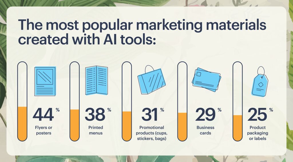 Infographic/bar chart showing the breakdown of most popular marketing materials businesses create with AI&rdquo; (menus, flyers, signage, packaging)]