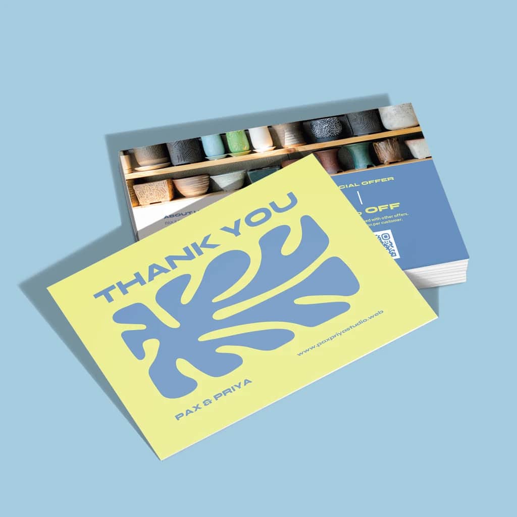 Yellow and blue postcard with fun and modern graphics