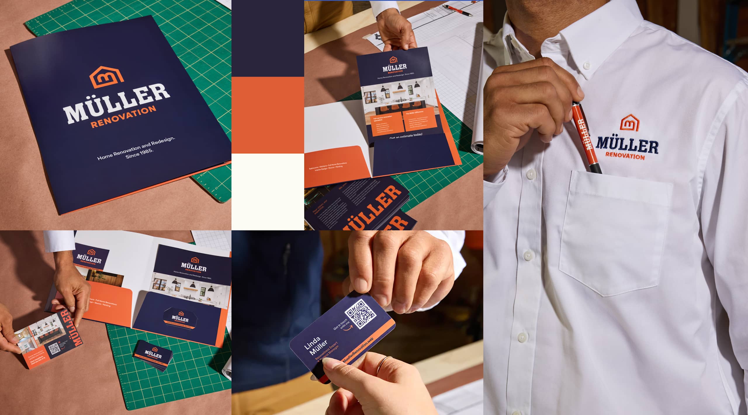 Print marketing materials mood board example featuring marketing materials like business cards, brochures, flyers and folders.