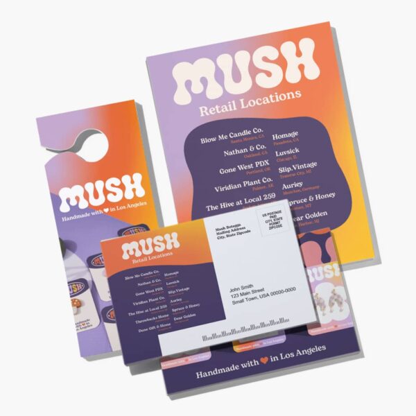 A range of multicolored marketing collateral including a hanging card, postcard and poster, all featuring a consistent logo
