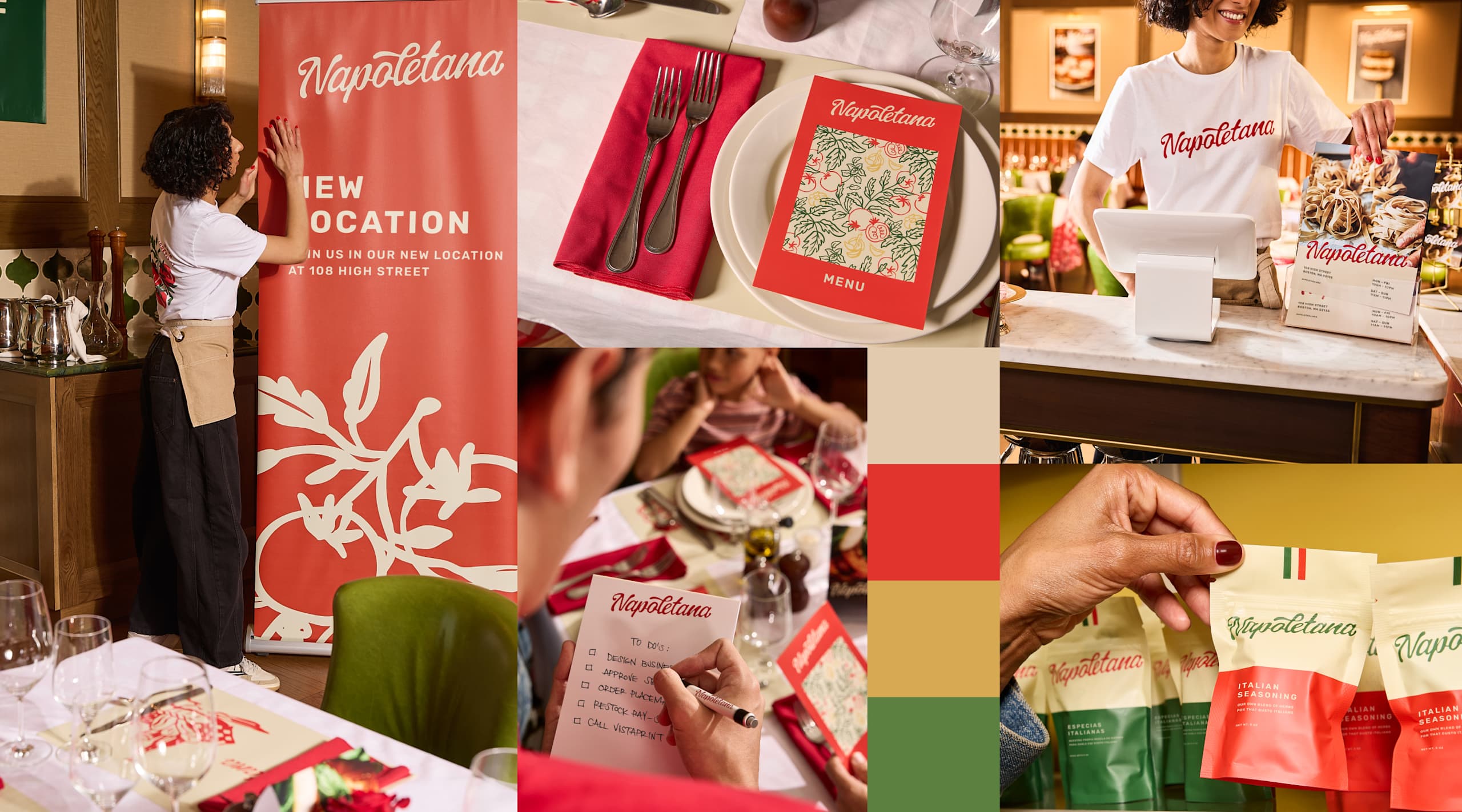 Brand identity mood board example covering a restaurant's font and colors, placements, print materials, decor.