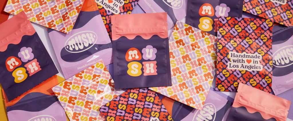 logo and design variations for resealable bag packaging using the brand’s color palette of purples, orange, yellow and pink