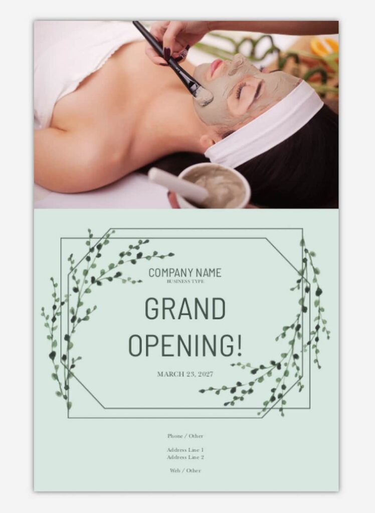 Grand opening poster template with image of woman receiving beauty treatment