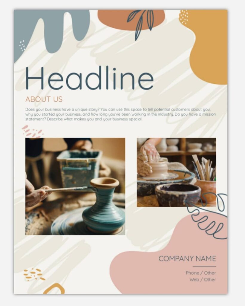 Poster template with muted colors, organic shapes photos of pottery with homemade feel