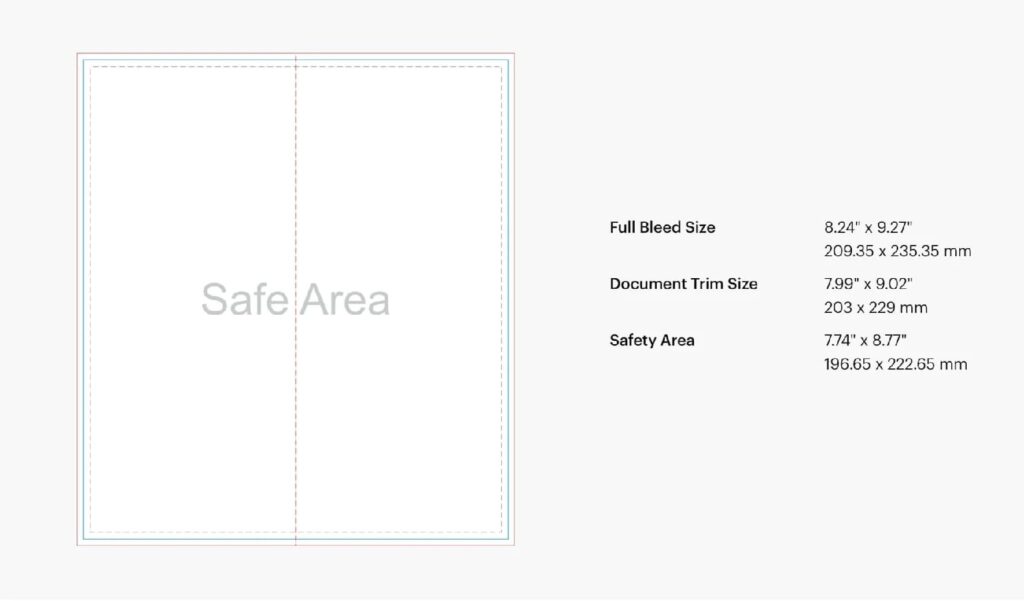 Print-ready brochure dimensions with a safety area and bleed size