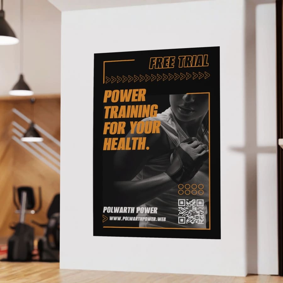 A poster with a QR code promoting a power training free trial