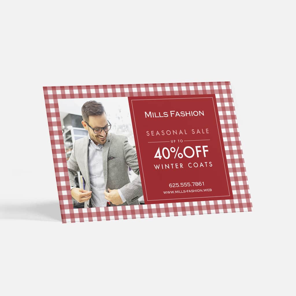 A red and white postcard advertising a menswear brand with clear body text