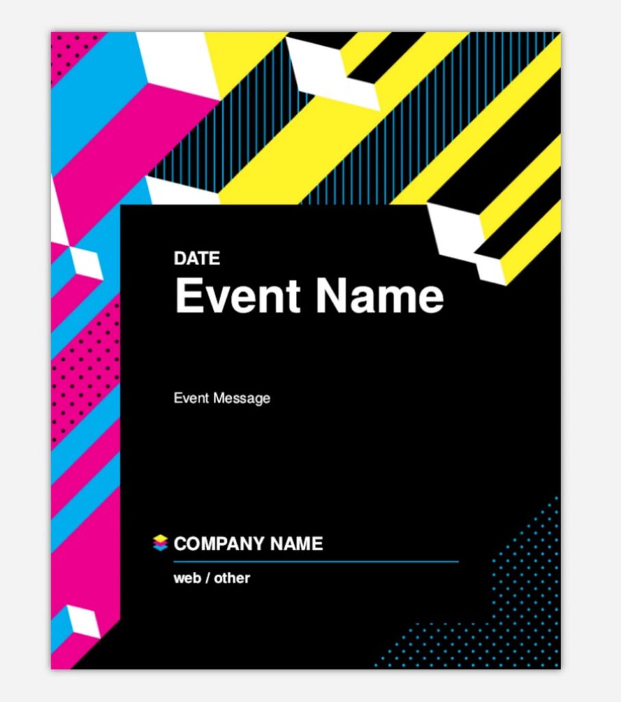 Professional business event poster template with black background and simple colorful graphics