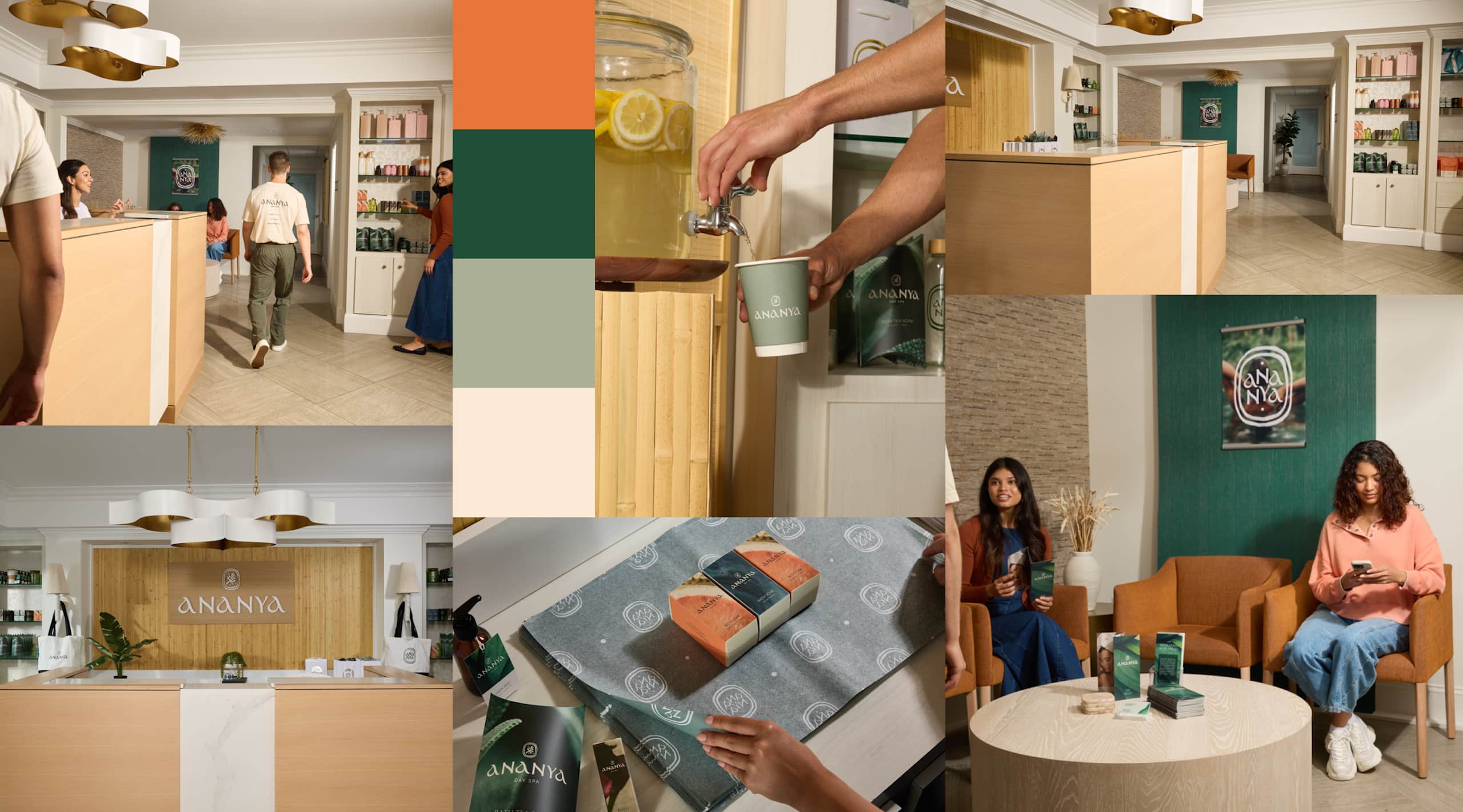 Interior design mood board example for spa with examples of waiting room set up and refreshments, receptionist, furniture and decor