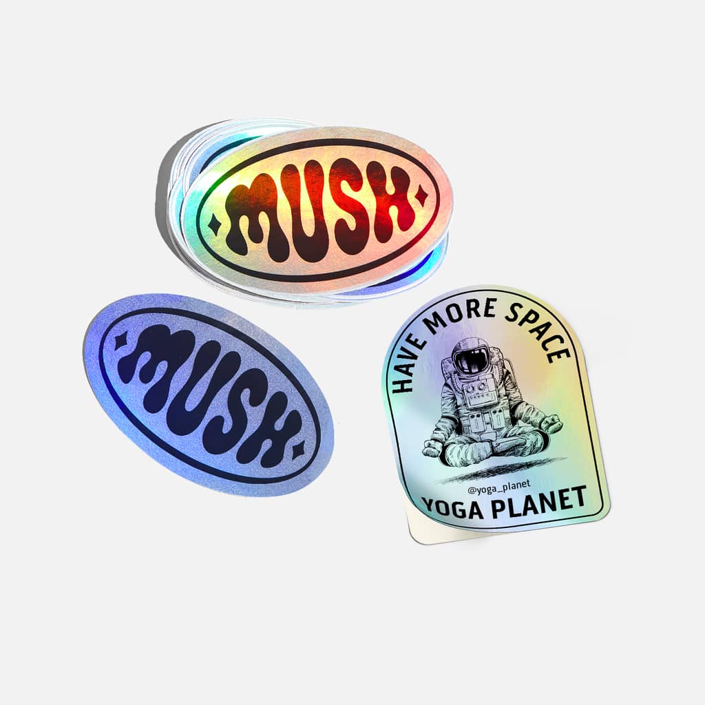 Three die-cut sticker singles printed on holographic sticker material