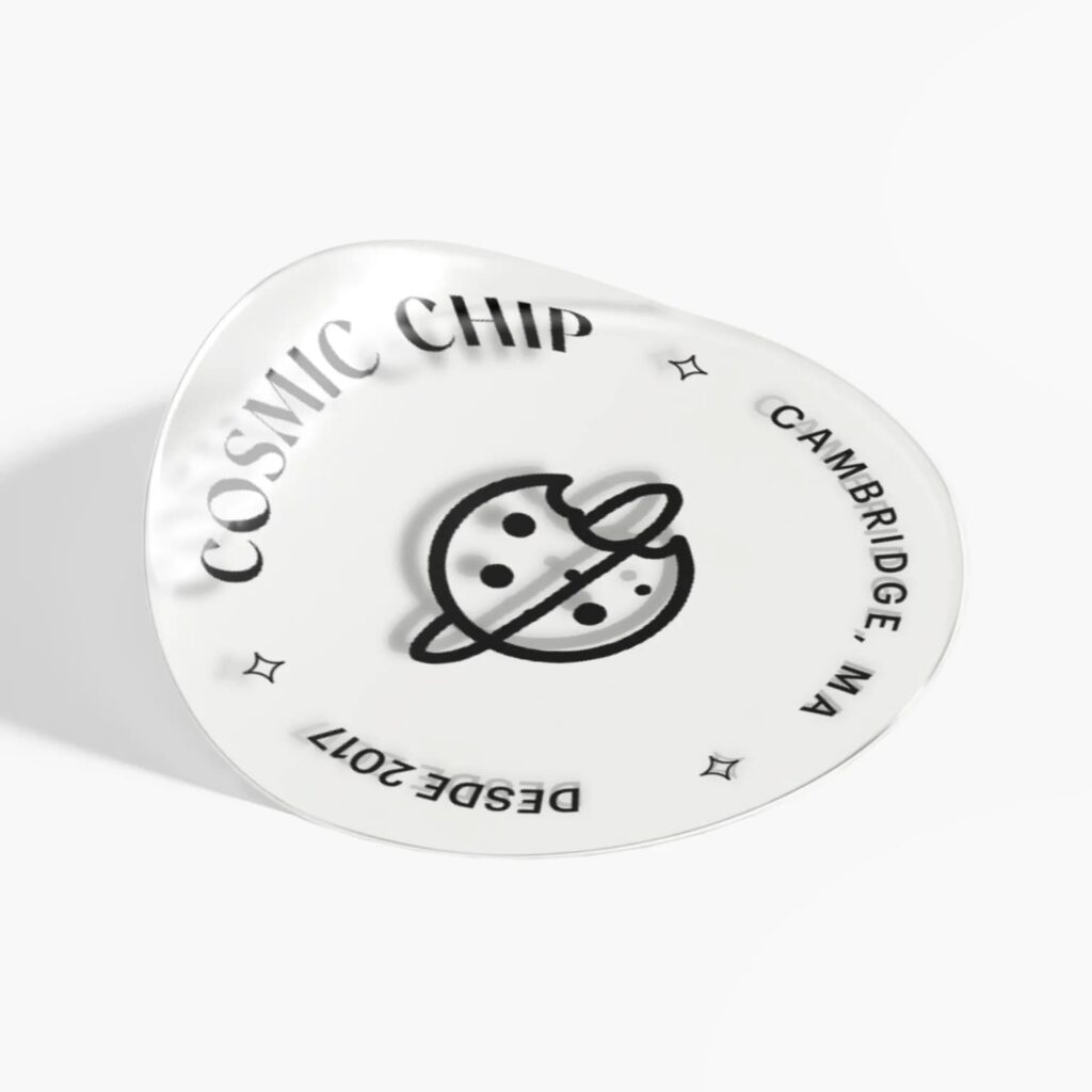 Round transparent sticker with brand logo and circular text