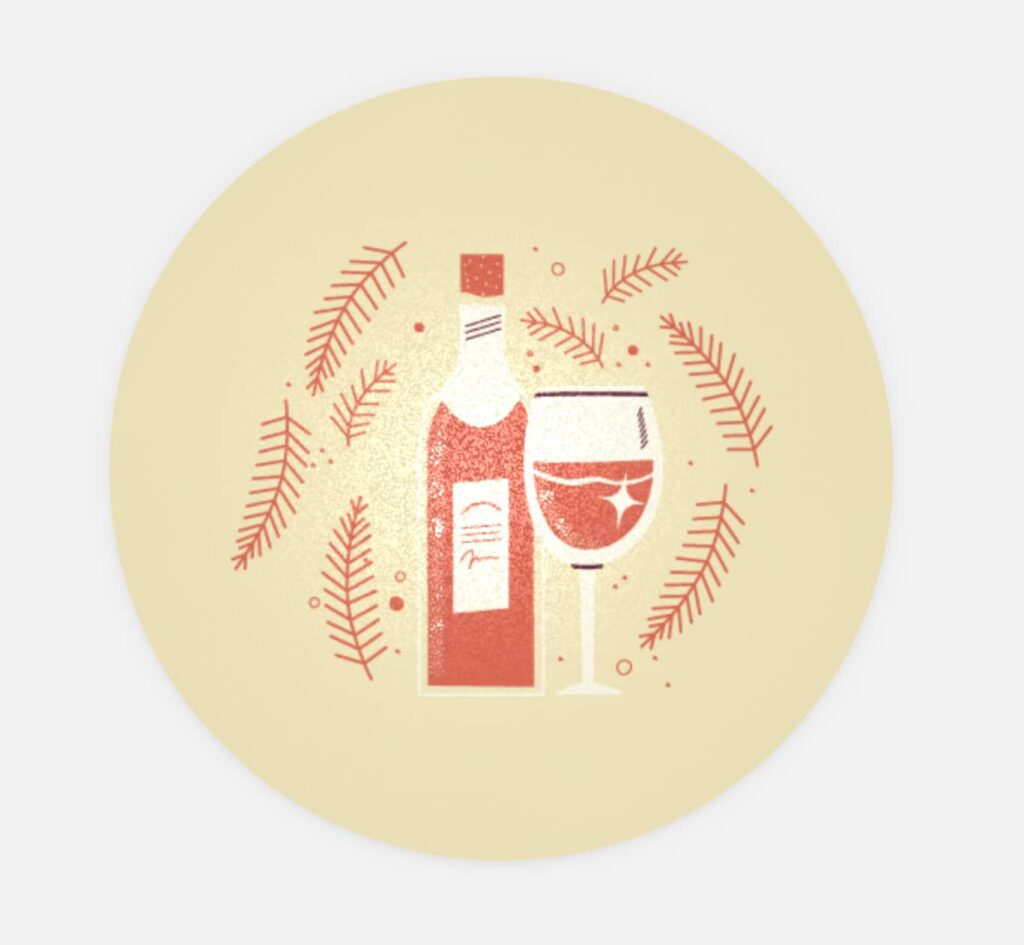 Circular sticker with bottle of wine and glass