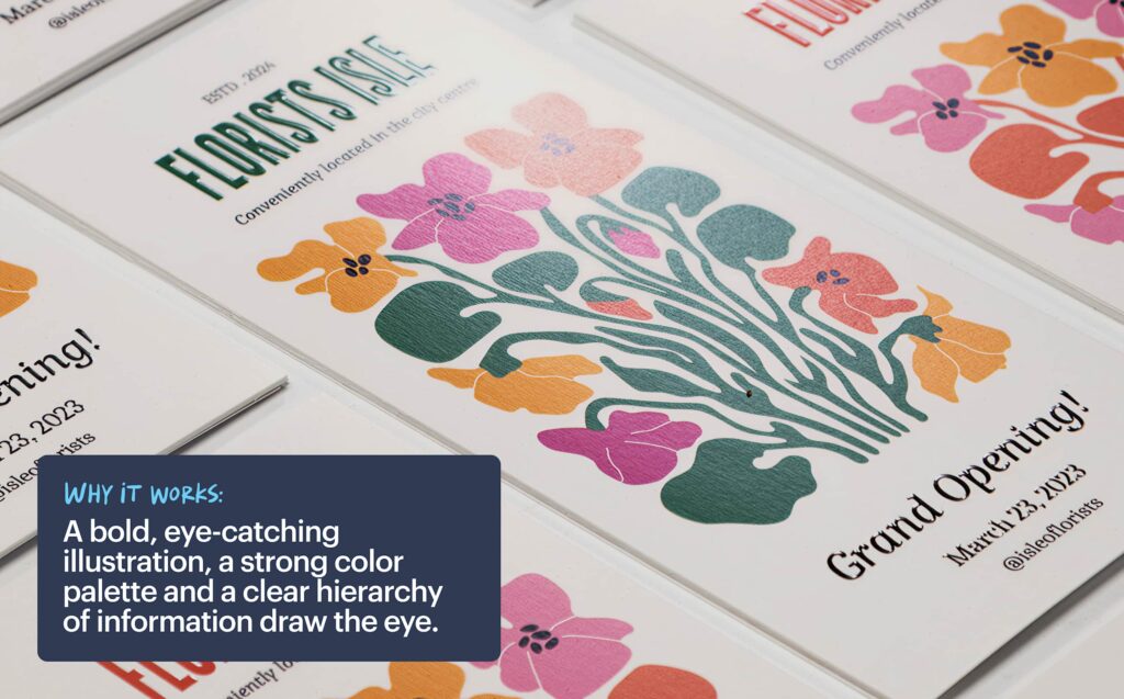 Illustrated floral brochure design to promote a florist’s grand opening event promotion