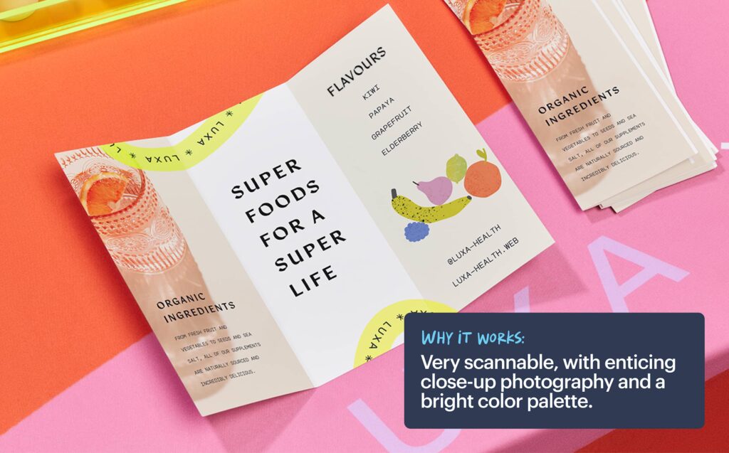 brightly designed brochure for a health supplement brand business