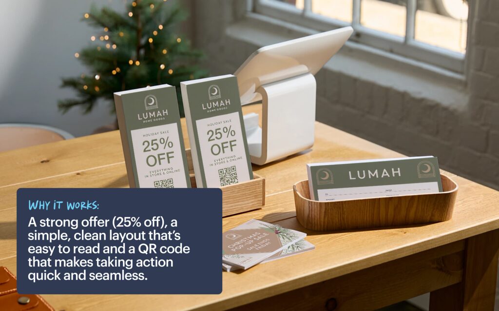 25% off offer and QR code printed on a seasonal business brochure