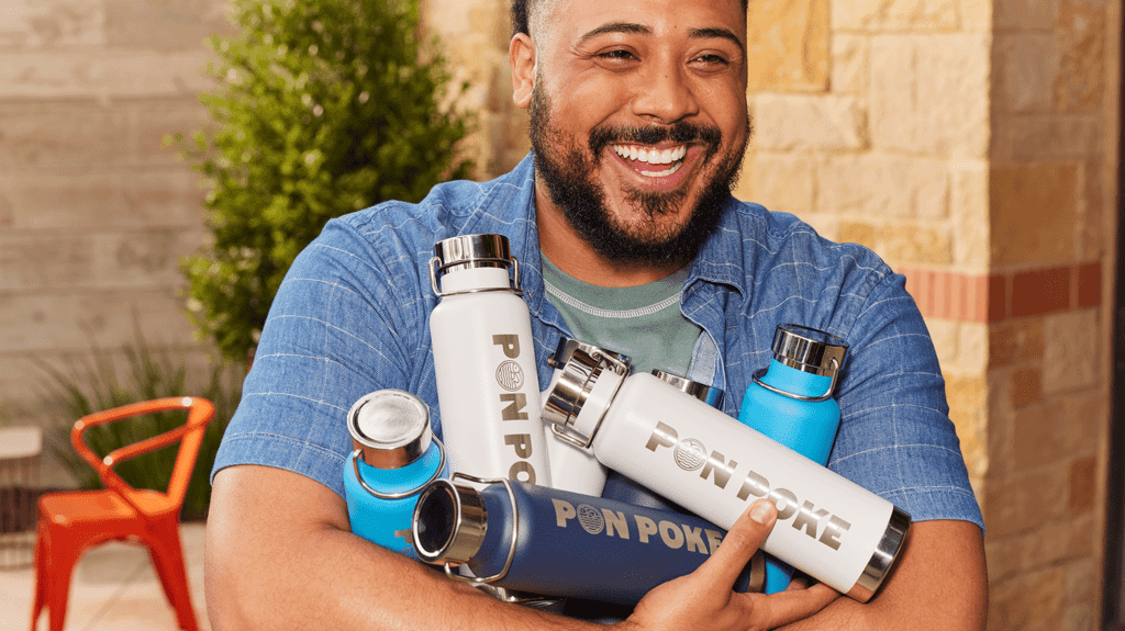Custom water bottles in brand colors navy, blue and while
