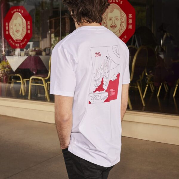 The backside of a branded T-shirt, merch for an Asian restaurant